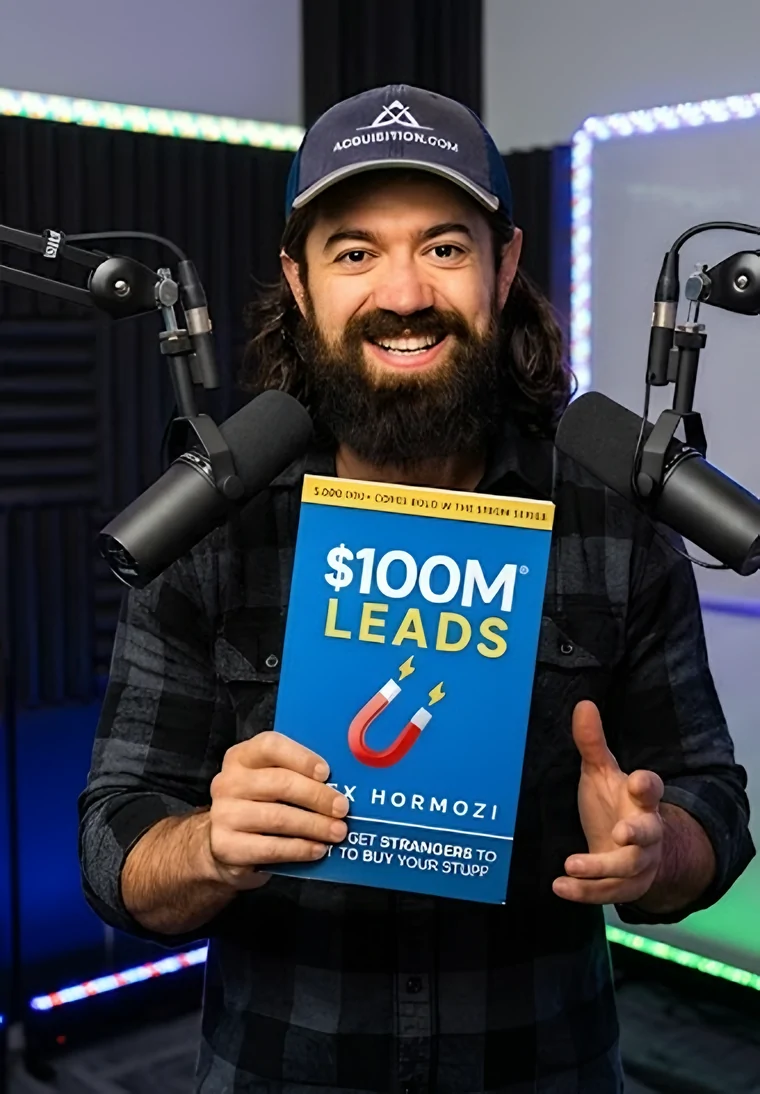 Alex Hormozi in a podcast studio holding a copy of $100M Leads