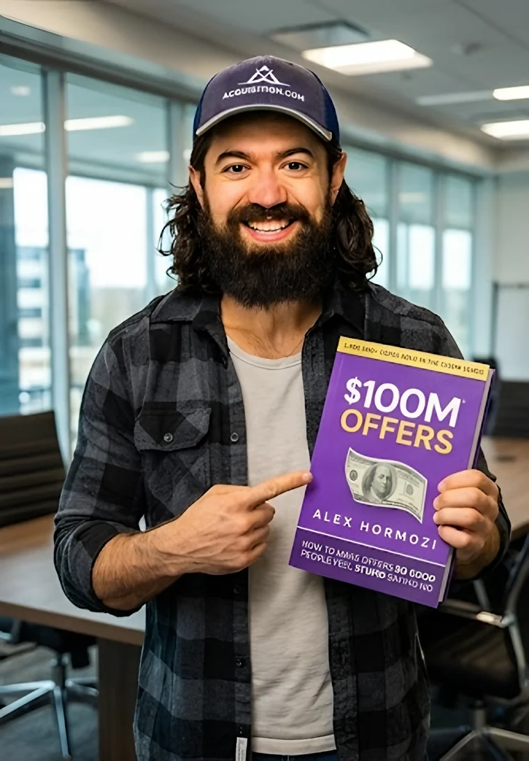 Alex Hormozi in an office pointing at a copy of $100M Offers